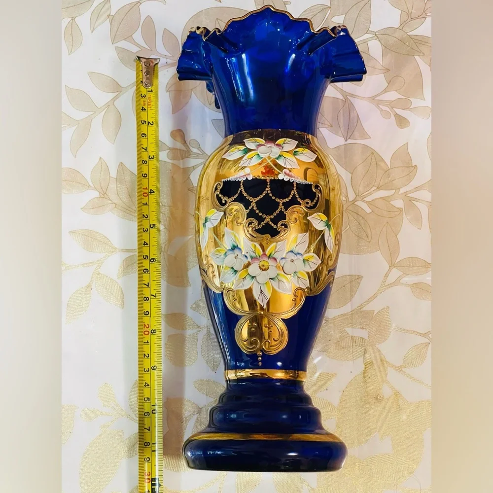 VTG Bohemian Czech Cobalt Blue Crystal RUFFLE Vase 24k Gold Enamel flowers